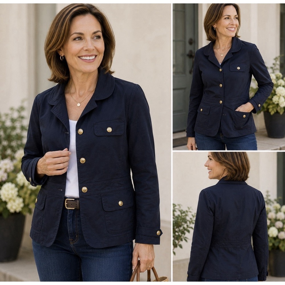Talbots Navy Blue Cotton Utility Jacket Gold Crest Buttons Size 10 Nautical